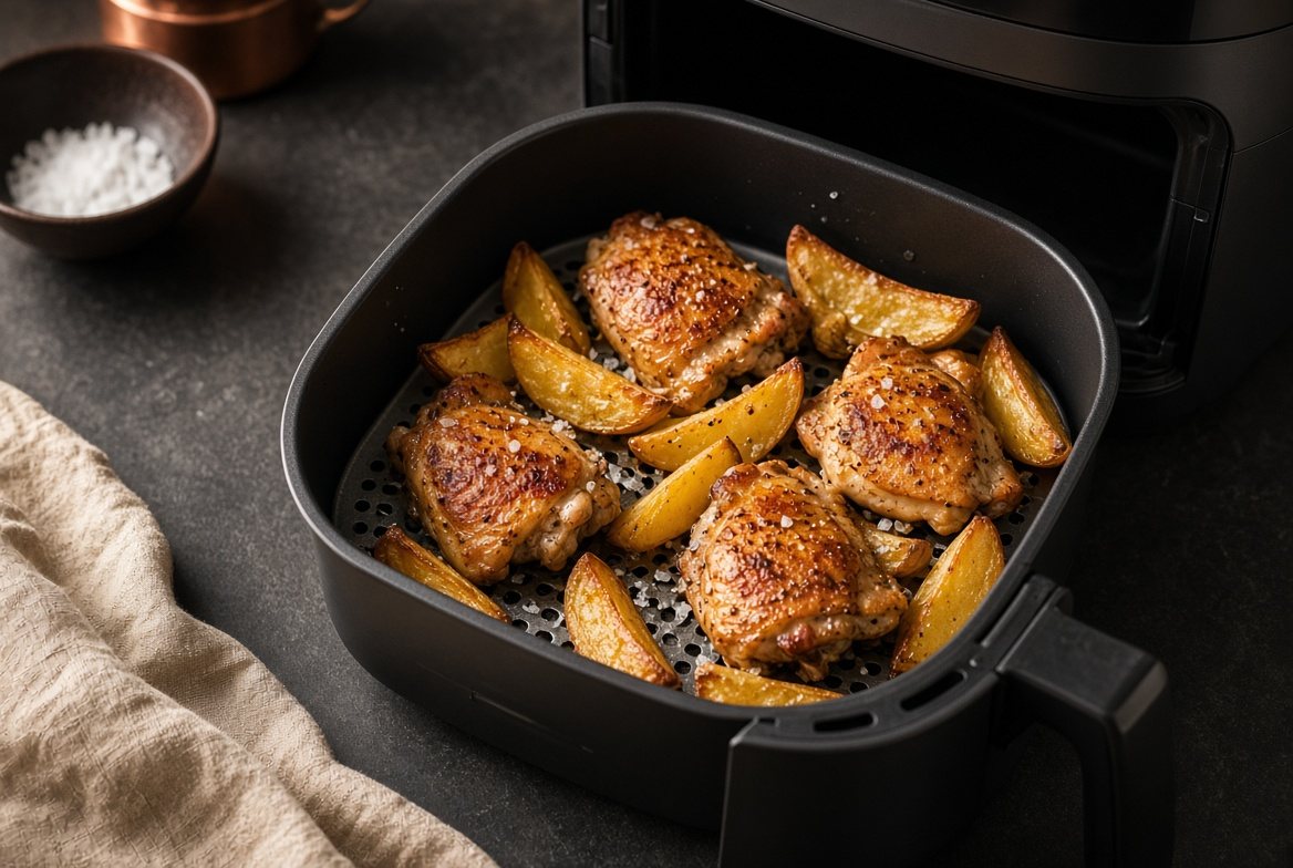 Chicken thighs and potato wedges in an air fryer basket