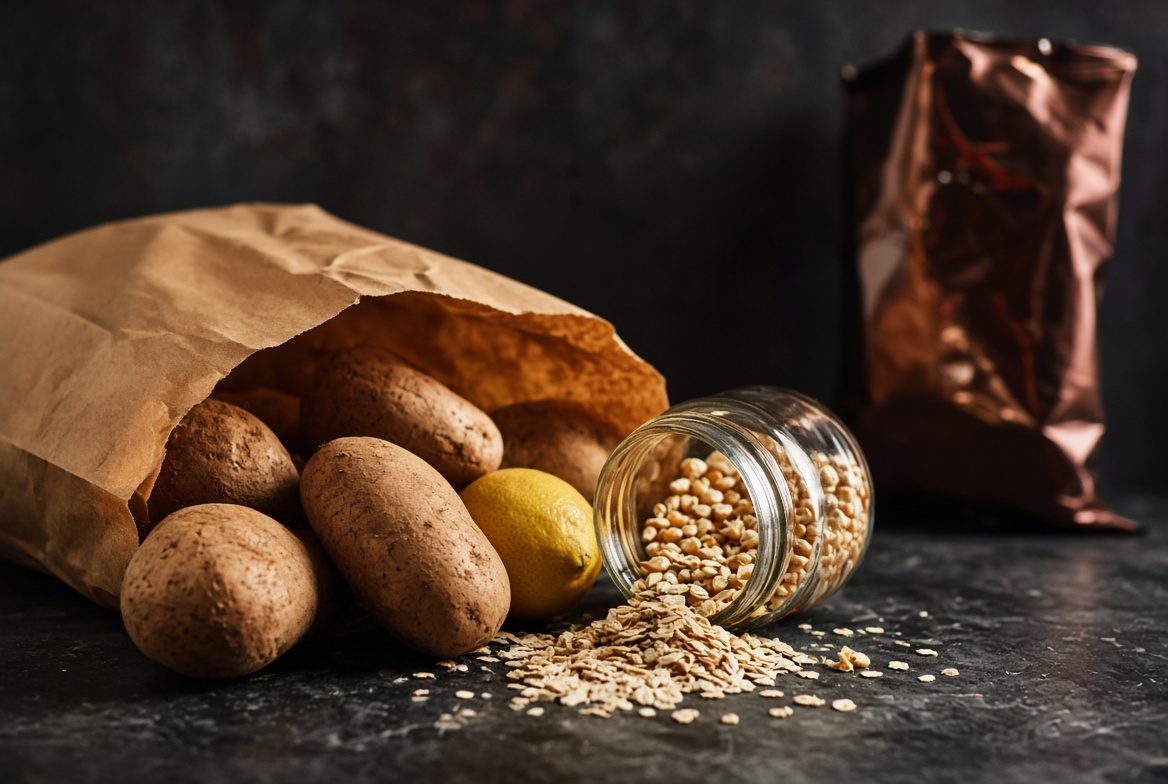 Potatoes, popcorn, oats, and a lemon beside an unmarked bag