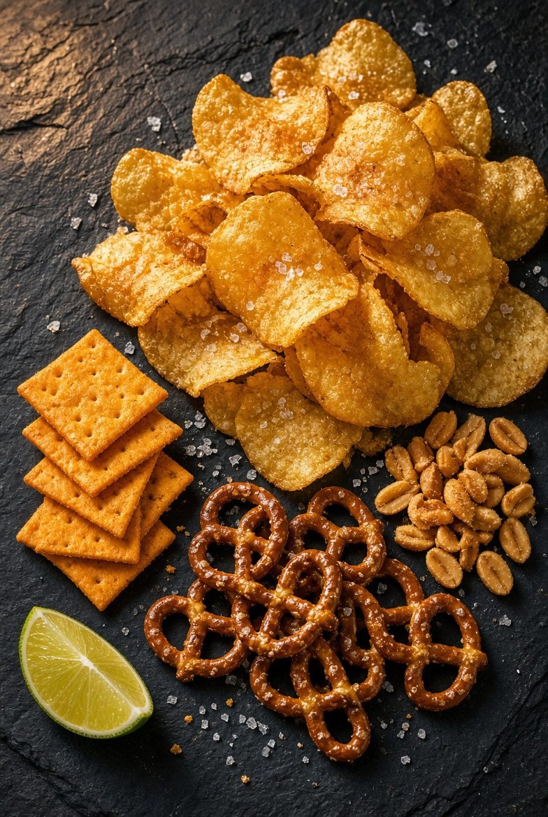 Salted kettle chips, cheddar squares, pretzels, and peanuts on dark stone