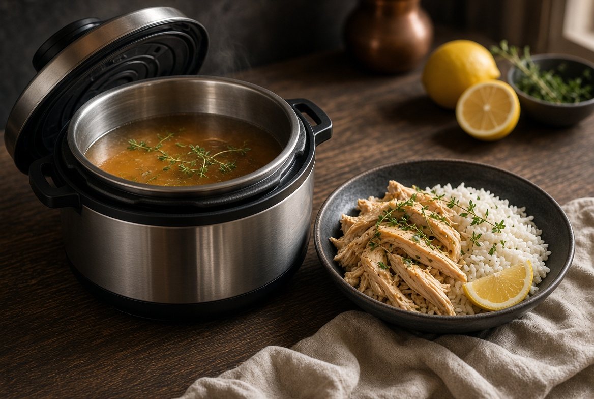 An open pressure cooker beside shredded chicken and rice