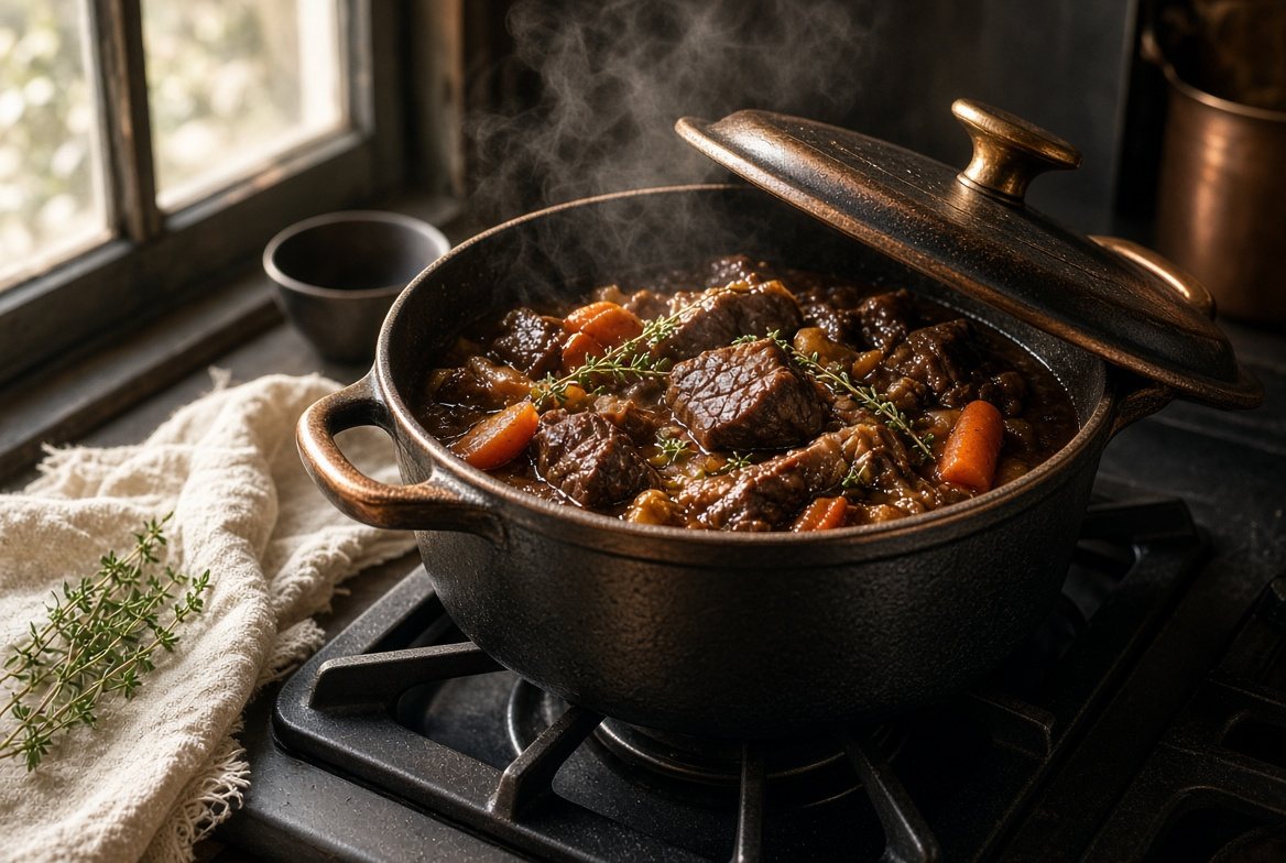 A Dutch oven of beef stew on a Sunday stove