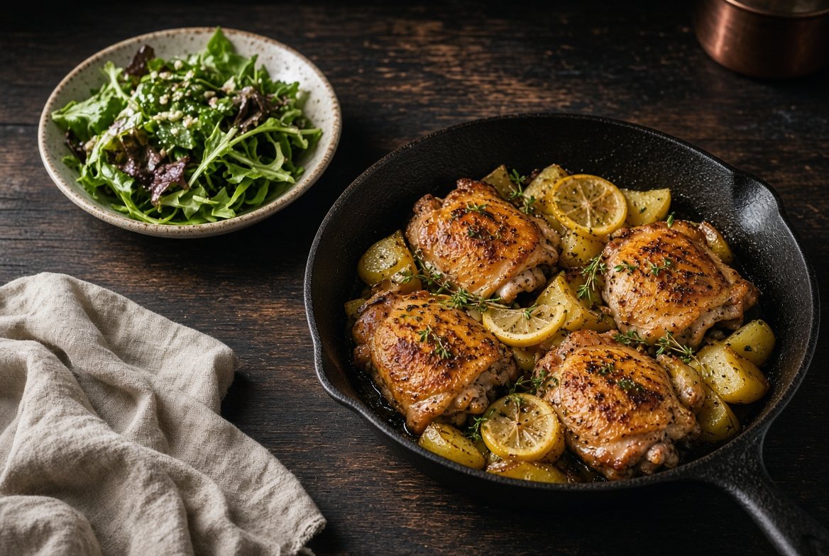 Lemon chicken thighs and potatoes in a skillet